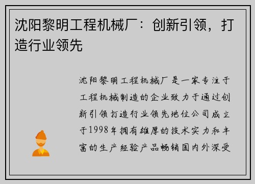 沈阳黎明工程机械厂：创新引领，打造行业领先